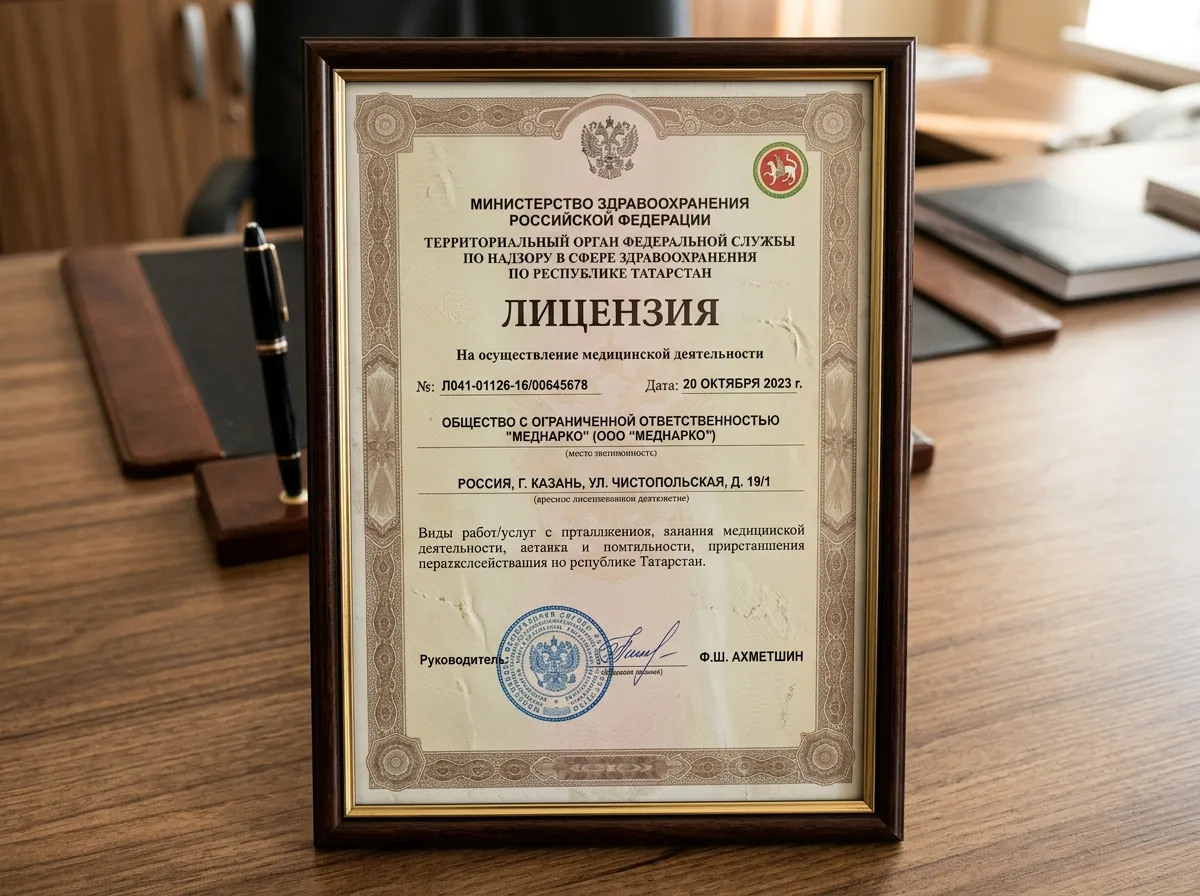 Лицензия Росздравнадзора по Республике Татарстан на осуществление медицинской деятельности ООО МедНарко Казань, официальный документ крупным планом