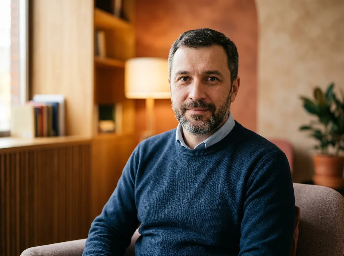 Аватар пациента Сергея Р., мужчина 40-45 лет, нейтральный портрет на тёплом фоне