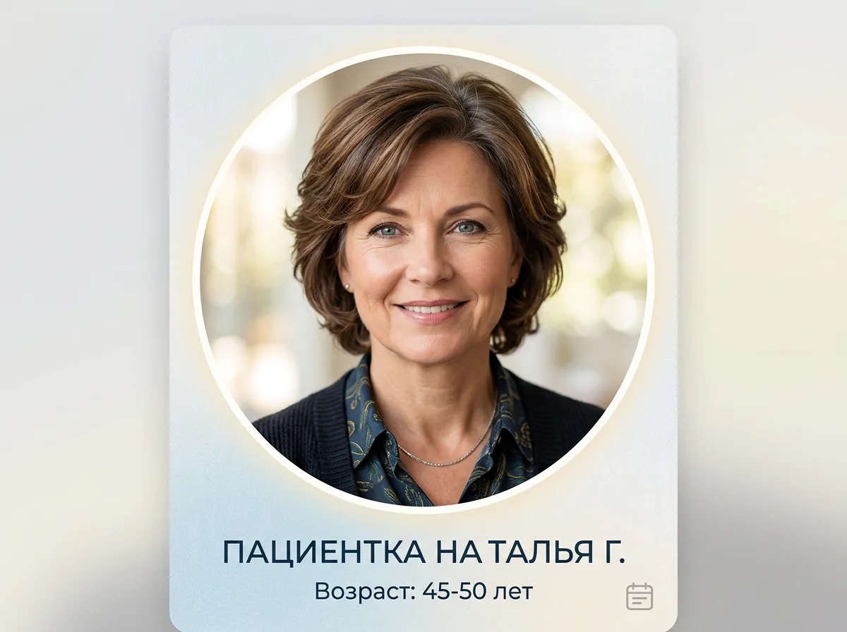 Аватар пациентки Натальи Г., женщина 45-50 лет, приятная внешность, нейтральный светлый фон