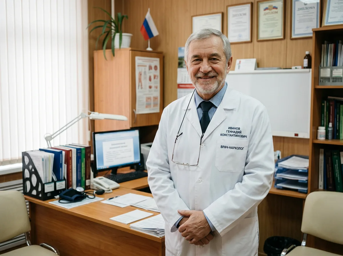 Портрет врача-нарколога Иванова Геннадия Константиновича в белом халате, доброжелательное выражение лица, медицинский кабинет на фоне