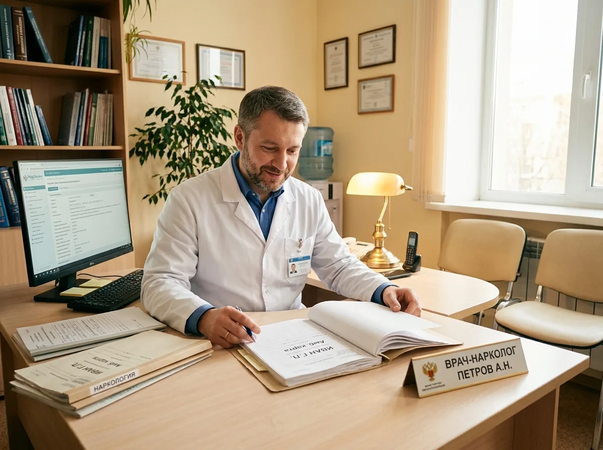 Врач-нарколог в белом халате за рабочим столом с медицинской документацией, готовится принять пациента, тёплый профессиональный свет
